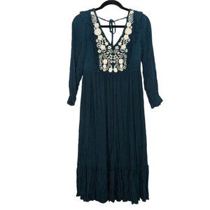 In Loom 3/4" sleeve ruffled hem sea green bohemian embroidered V neck dress S